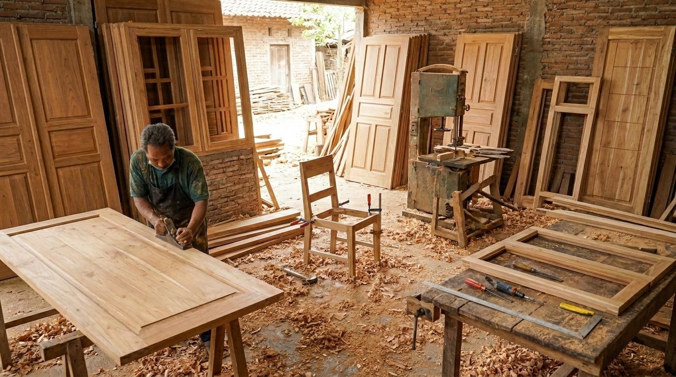 Workshop kayu solid Sinar Jaya Mebel Tegal — tukang kayu senior bekerja