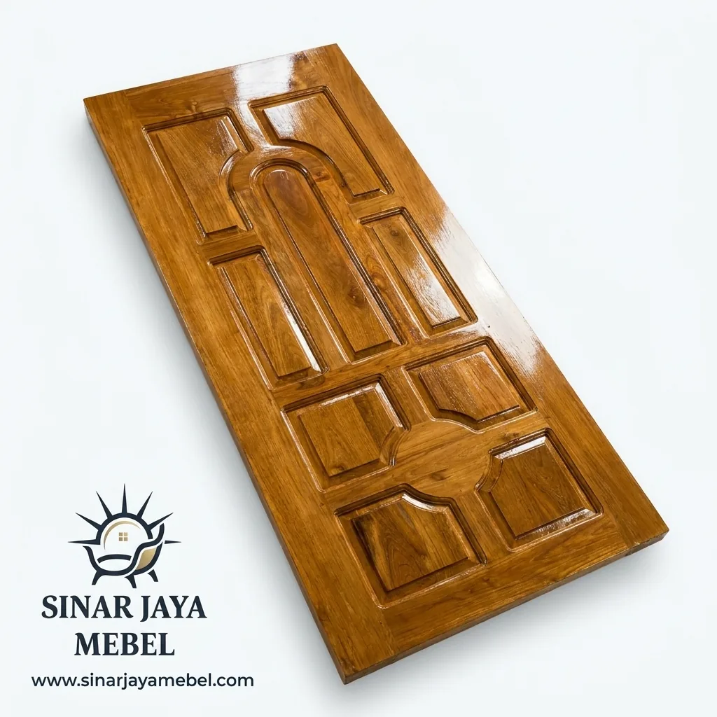 Pintu double swing jati modern dengan glass insert untuk rumah mewah