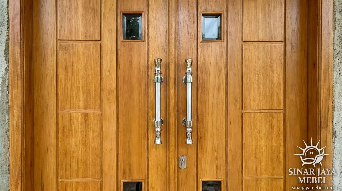 Close-up pintu jati double panel modern, handle stainless premium — detail craftsmanship Sinar Jaya Mebel Tegal