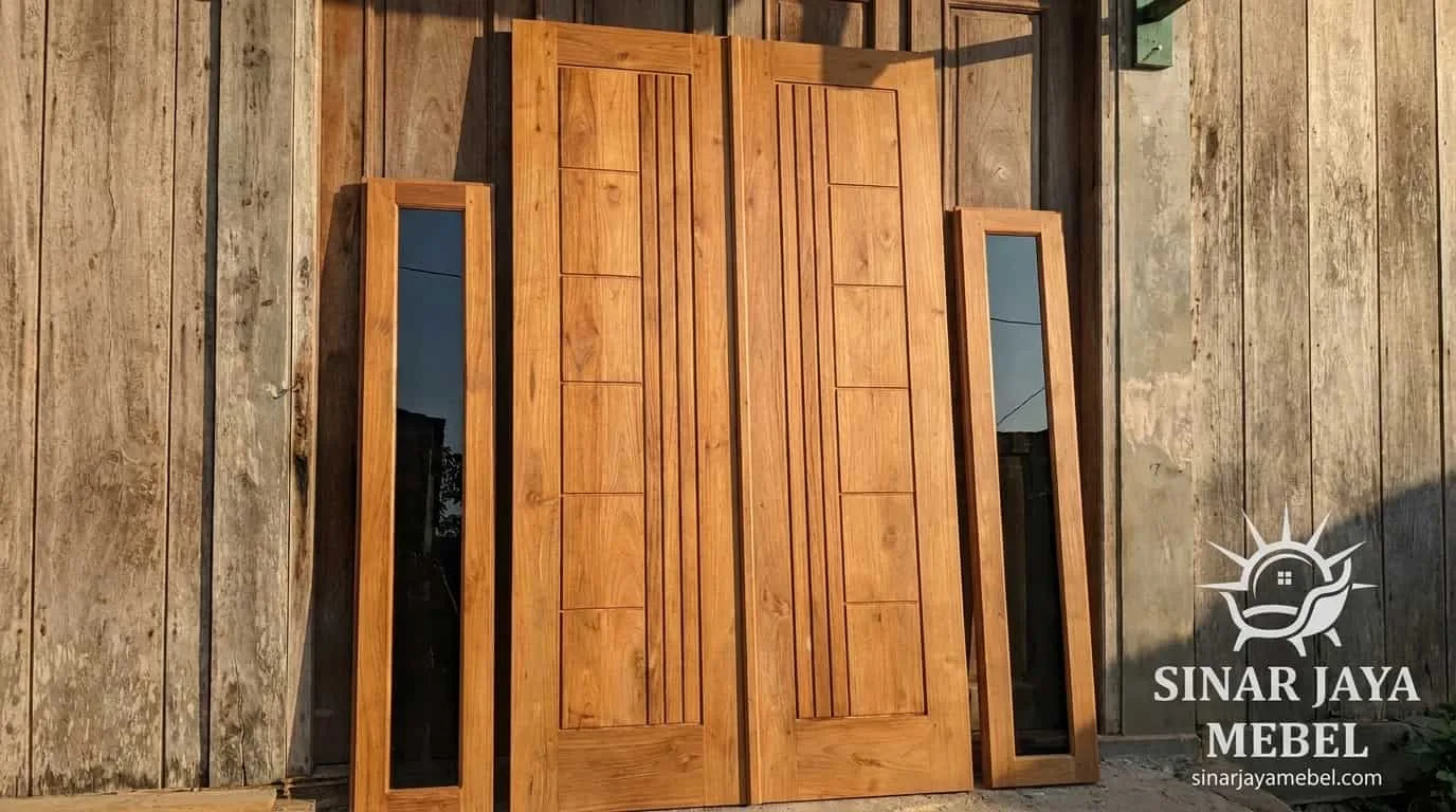 Set pintu jati jalur vertikal + 2 sidelight kaca sempit, siap kirim dari workshop Sinar Jaya Mebel Tegal