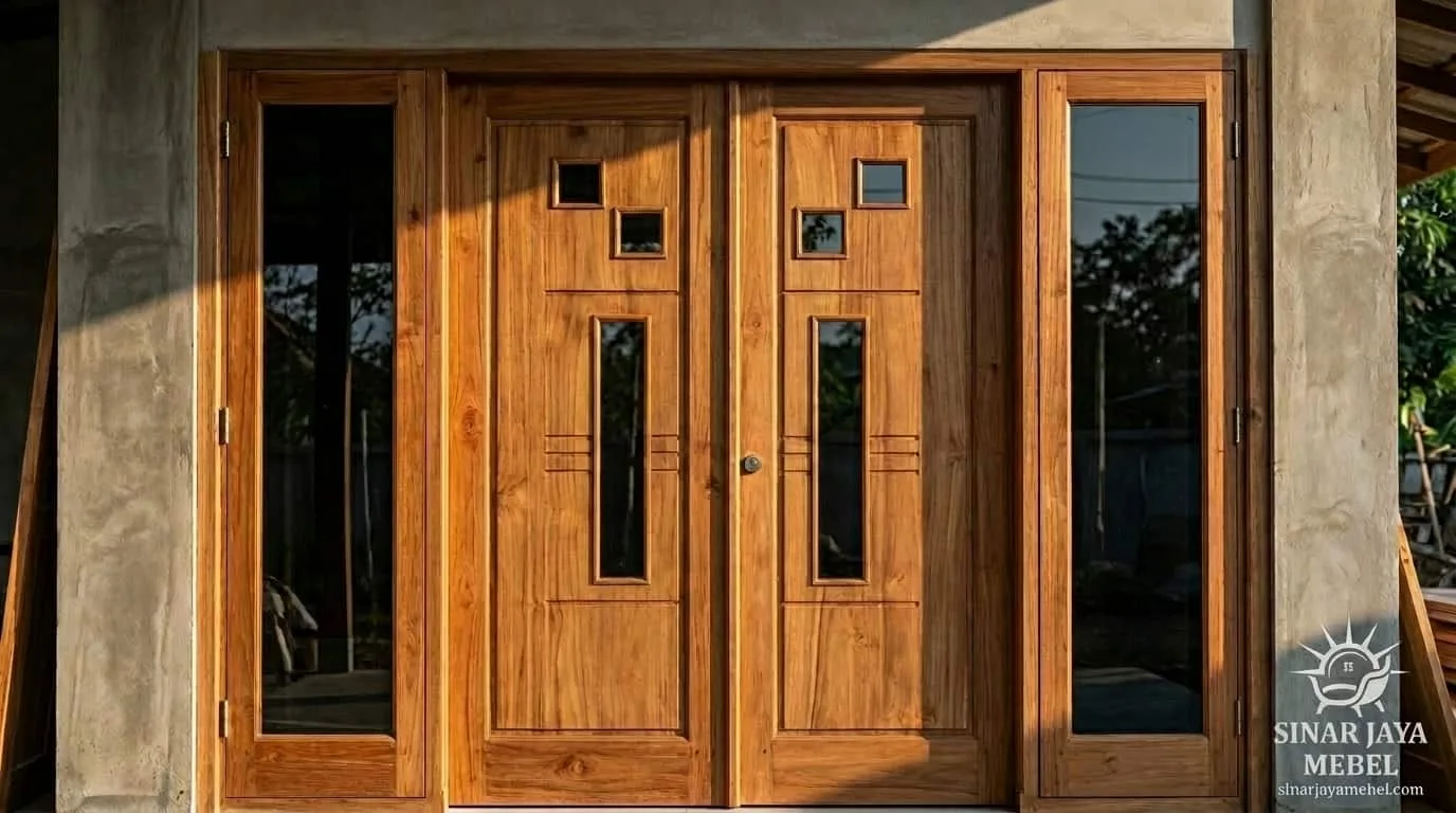 Set pintu kupu tarung jati + 2 sidelight kaca besar, terpasang di rumah klien — golden hour