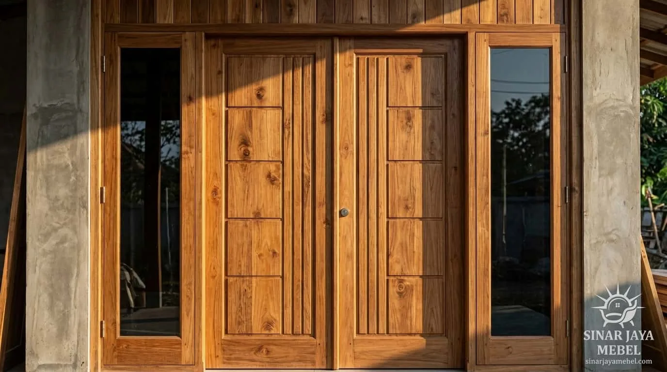 Set kusen + pintu jati minimalis 4-panel, sudah terpasang di rumah klien Tegal