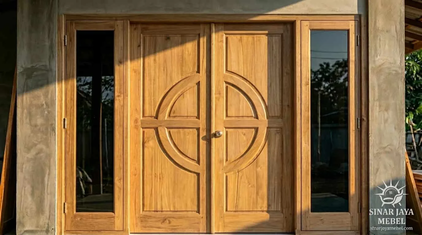 Pintu jati double door motif lingkaran custom, sudah terpasang di rumah klien