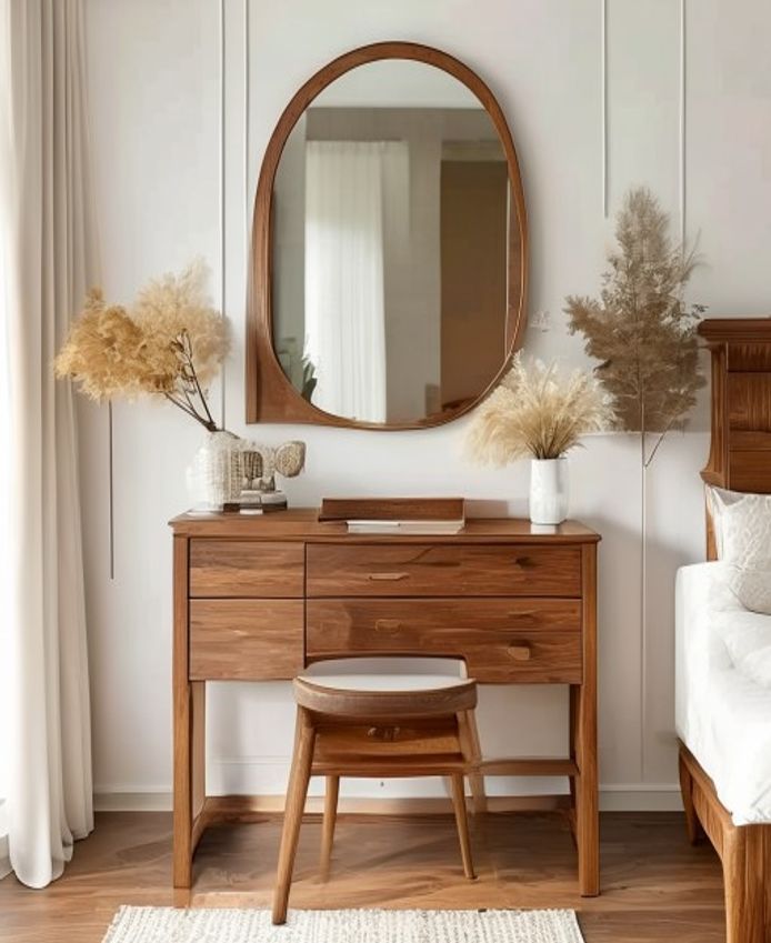 Meja rias vanity kayu jati solid dengan cermin besar dan laci