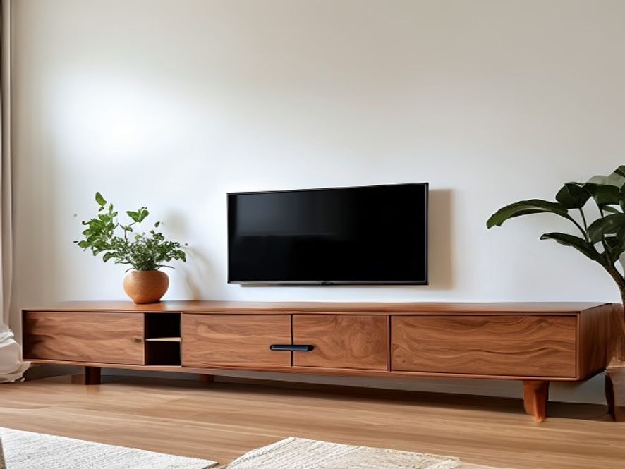 Meja TV rak audio kayu jati solid minimalis dengan laci