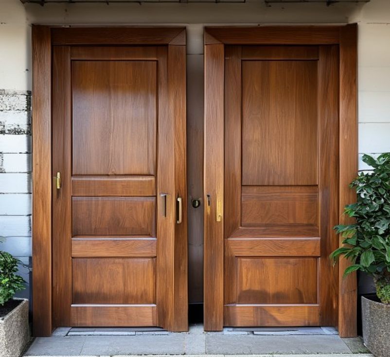 Pintu utama kupu tarung 2 daun kayu jati solid panel raised handle brass