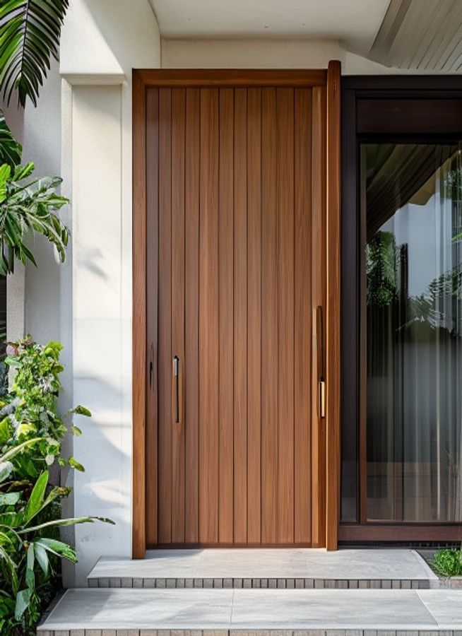 Pintu utama modern 5 panel dengan strip kaca tempered 5mm