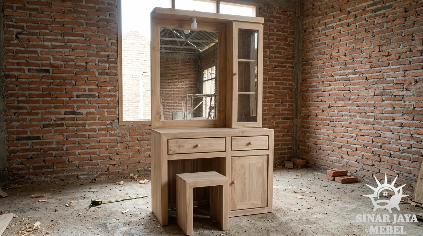 Meja rias kayu jati dengan cermin + 2 laci + stool — hasil workshop Sinar Jaya Mebel Tegal