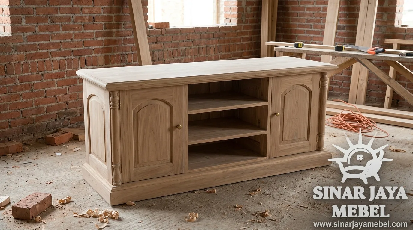 Rak TV kayu jati 2 pintu arch + rak terbuka tengah — hasil workshop Sinar Jaya Mebel Tegal